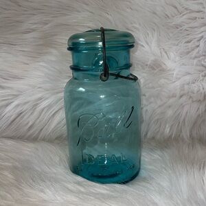 Vintage Aqua Blue Ball Ideal Pat. 1908 Quart Canning Jar with Wire Bail & Lid #8